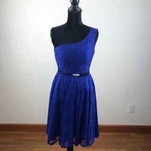 New with tags! Cindy Collection Royal Blue one shoulder lacy dress. Size XS